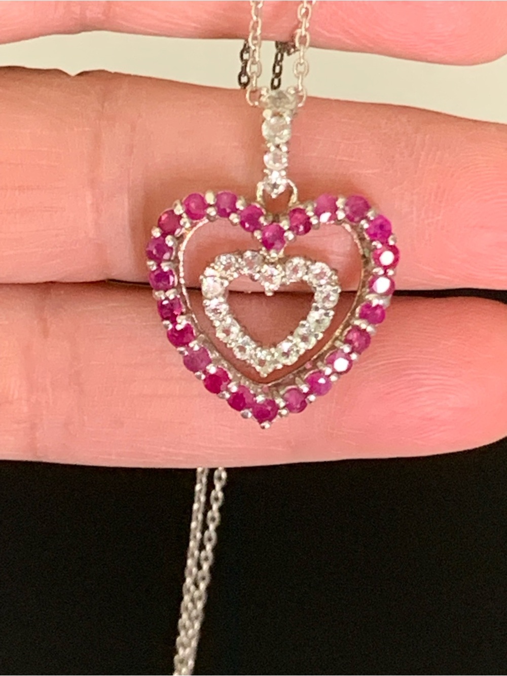 RARE Vintage Ruby Heart Necklace: 925 Sterling Silver, Sapphire Accent   20”